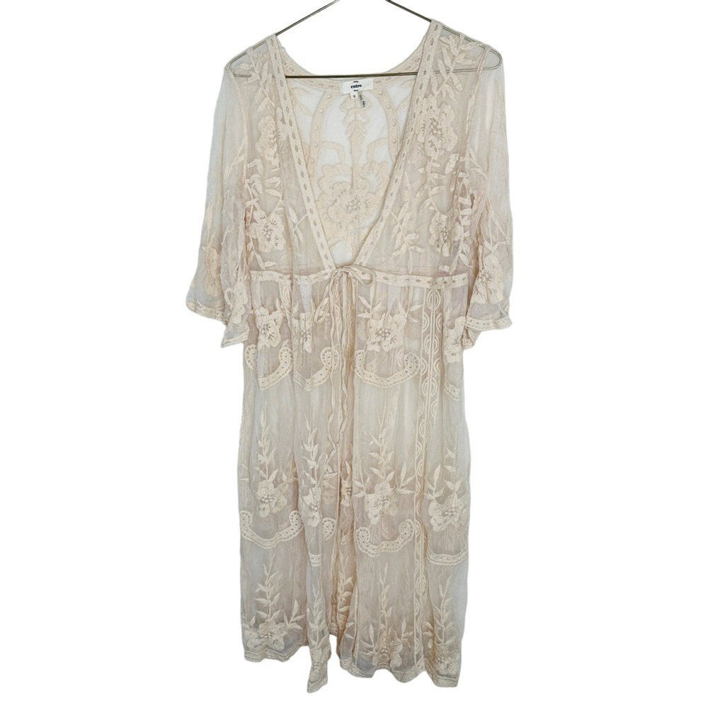 Entro Robe Women's Small #J9083 V-Nk Bell Slv Ivory Floral Lace Nylon/Cotton - Picture 2 of 9